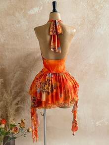 Soleia Romantic Vacation Halter Knit Mesh Blue Printed Dress For Women  Carnival, - Multicolor - View 2