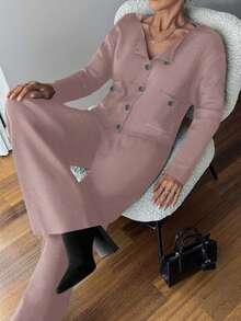 EURMUSE Conjunto casual de 2 piezas de mujer con cárdigan de punto de manga larga de un solo botonadura y pantalones de punto, otoño/invierno - Rosa vieja - Ver 3