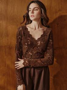 Anewsta Elegant Asymmetrical V-Neck Hollow Lace Fitted Long Sleeve Knit T-Shirt For Women, Autumn/Winter - Brown - View 6