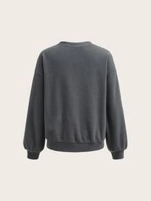 Tween Girls Casual Gray Reversible Fleece Embroidered Pony Loose Drop Shoulder Long Sleeve Sweatshirt And Pleated Wide Leg Sweatpants Set, Back To School Outfit, Tracksuit - Dark Grey - View 4