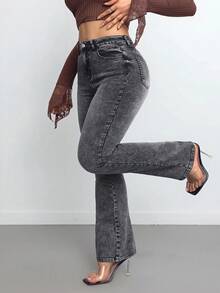 SHEIN CURVE+ Jeans évasés casual polyvalents avec poche de blocs de couleurs, grande taille. Jeans évasés haute taille, délavés neige, pour Noël, Nouvel An. Jeans évasés adaptés au bureau en hiver - Bleu azur - Voir 3