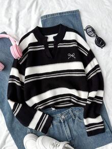 SHEIN 少女V领条纹针织套头毛衣，休闲撞色款