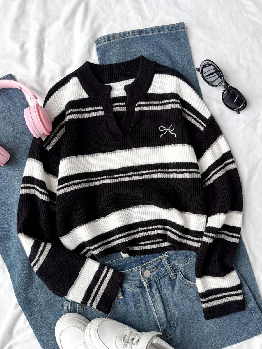 SHEIN 少女V领条纹针织套头毛衣，休闲撞色款