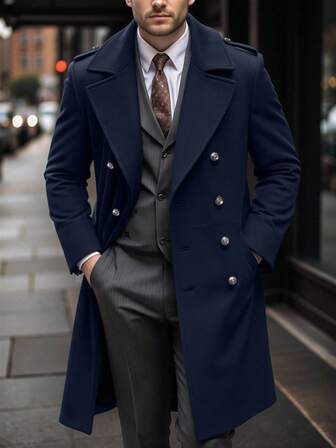 Manfinity Mode 男士纯色口袋纽扣长袖大衣，秋季服装