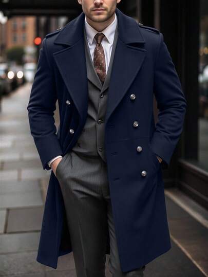 Manfinity Mode 男士纯色口袋纽扣长袖大衣，秋季男士长款藏蓝色大衣，优雅男士款