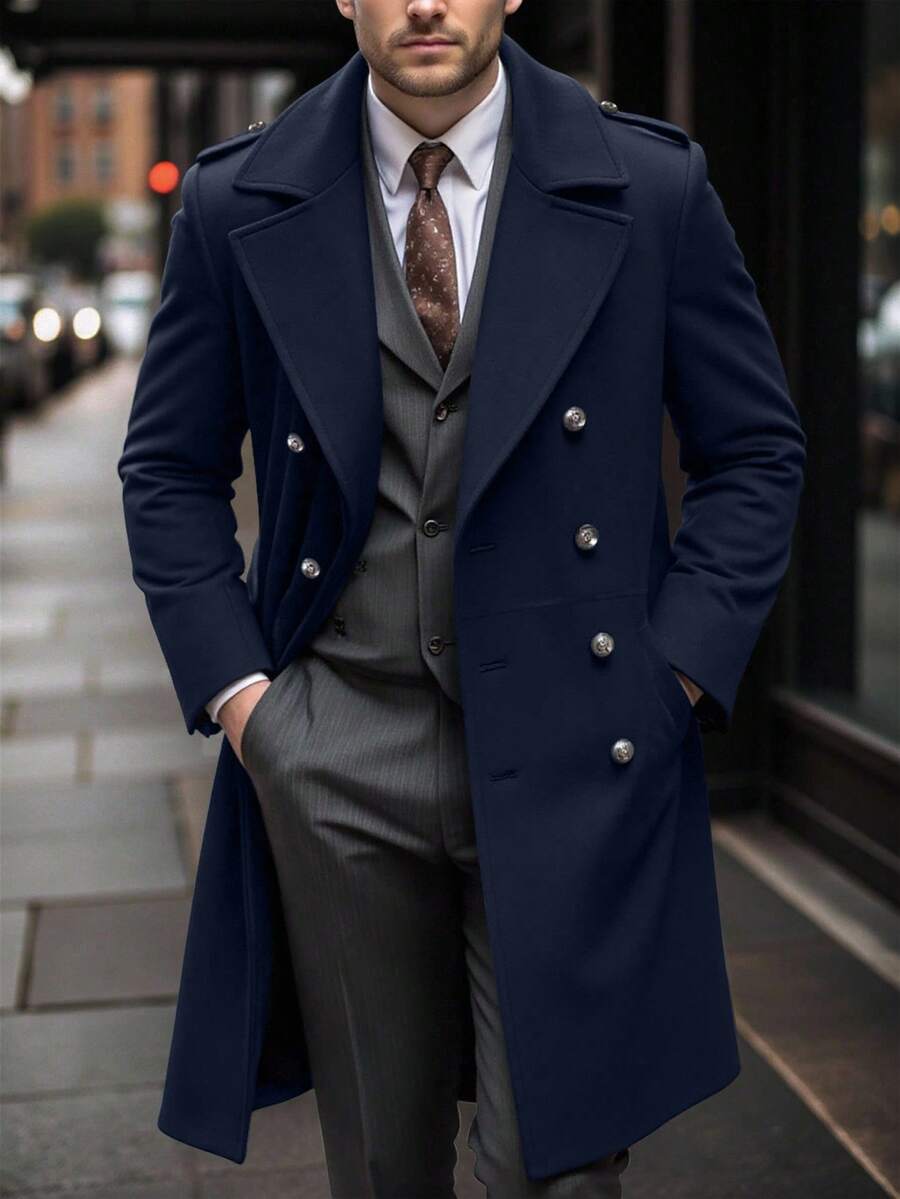 Manfinity Mode 男士纯色口袋纽扣长袖大衣，秋季男士长款藏蓝色大衣，优雅男士款 - 藏蓝色 - 查看 1