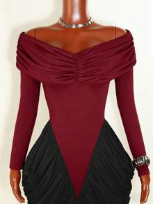 Franclia 黑白撞色褶皱腰身优雅女装 - 酒紅色 - 查看 4