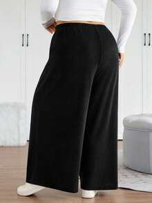 SHEIN CURVE+ Quần ống rộng màu trơn thường ngày cỡ lớn dành cho nữ, Thu/Đông, Thu, Quần nữ cỡ lớn ấm áp/2026/Năm mới - màu đen - Xem 2