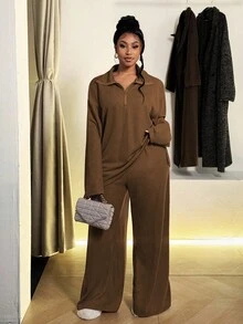 Maweii Conjunto de 2 piezas de pantalones rectos acampanados y holgados con cremallera media para mujer talla grande, cómodo y casual para uso deportivo y en el hogar - Café integral - Ver 4