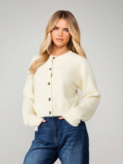 MISSGUIDED Cárdigan con botones delanteros de peluche con cierres decorados con cristales, suéter de punto acogedor de invierno