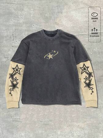Herren Pentagramm Muster Rundhals Lässig Langarm T-Shirt