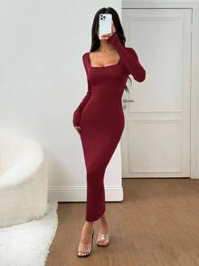 SHEIN PETITE 女士秋冬基础款针织灰色修身方领长袖连衣裙 - 酒紅色 - 查看 4