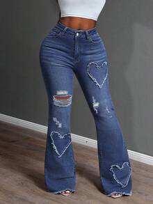 SHEIN SXY Spring Plus Size Women Cowgirl Style Blue Stretch Heart Embroidered Distressed Flare Jeans, Spring - Dark Wash - View 3