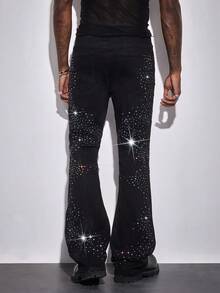 ROMWE MEN Street Life Men's Pocket Rhinestone Embellished Casual Flare Leg Jeans - Black - View 3