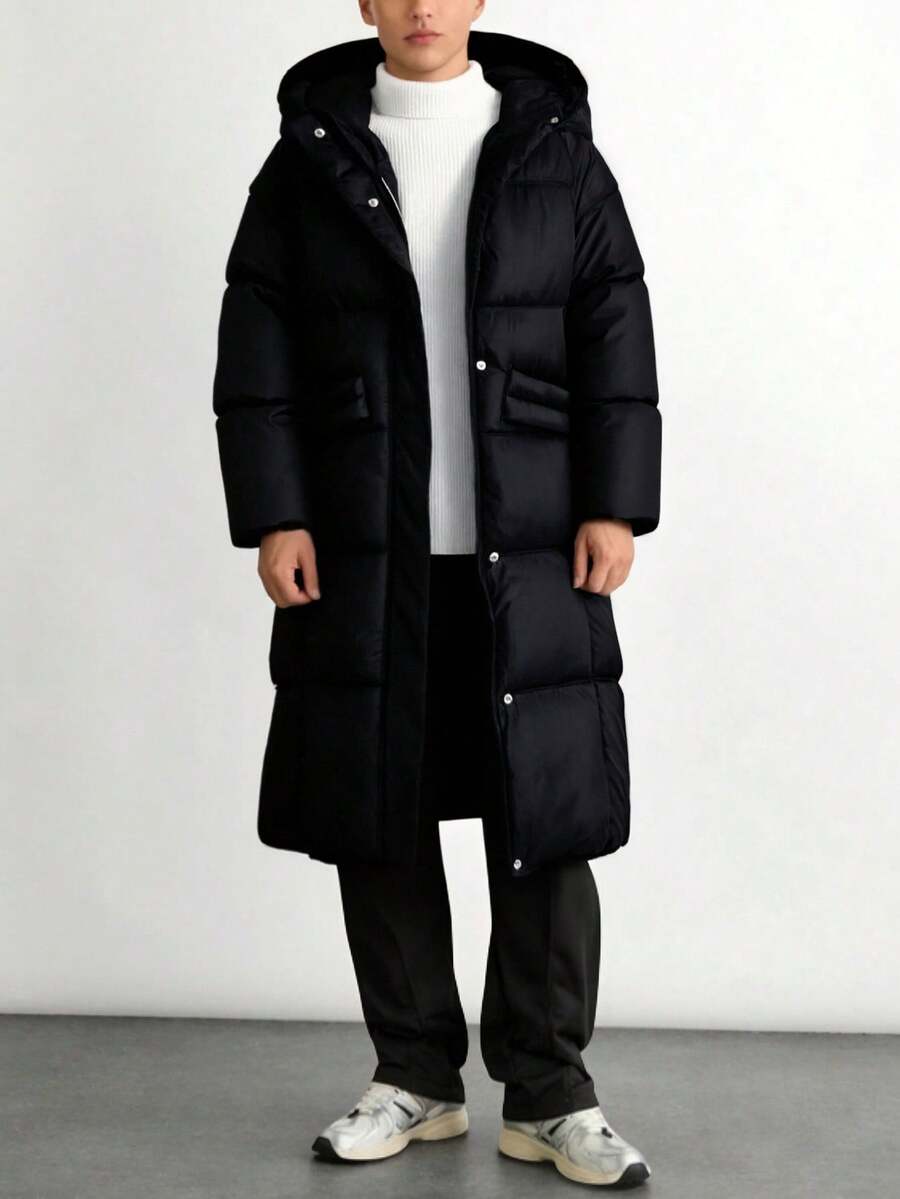 SHEIN 青少年男童时尚百搭纯色连帽衫，冬季 - 黑色 - 查看 1