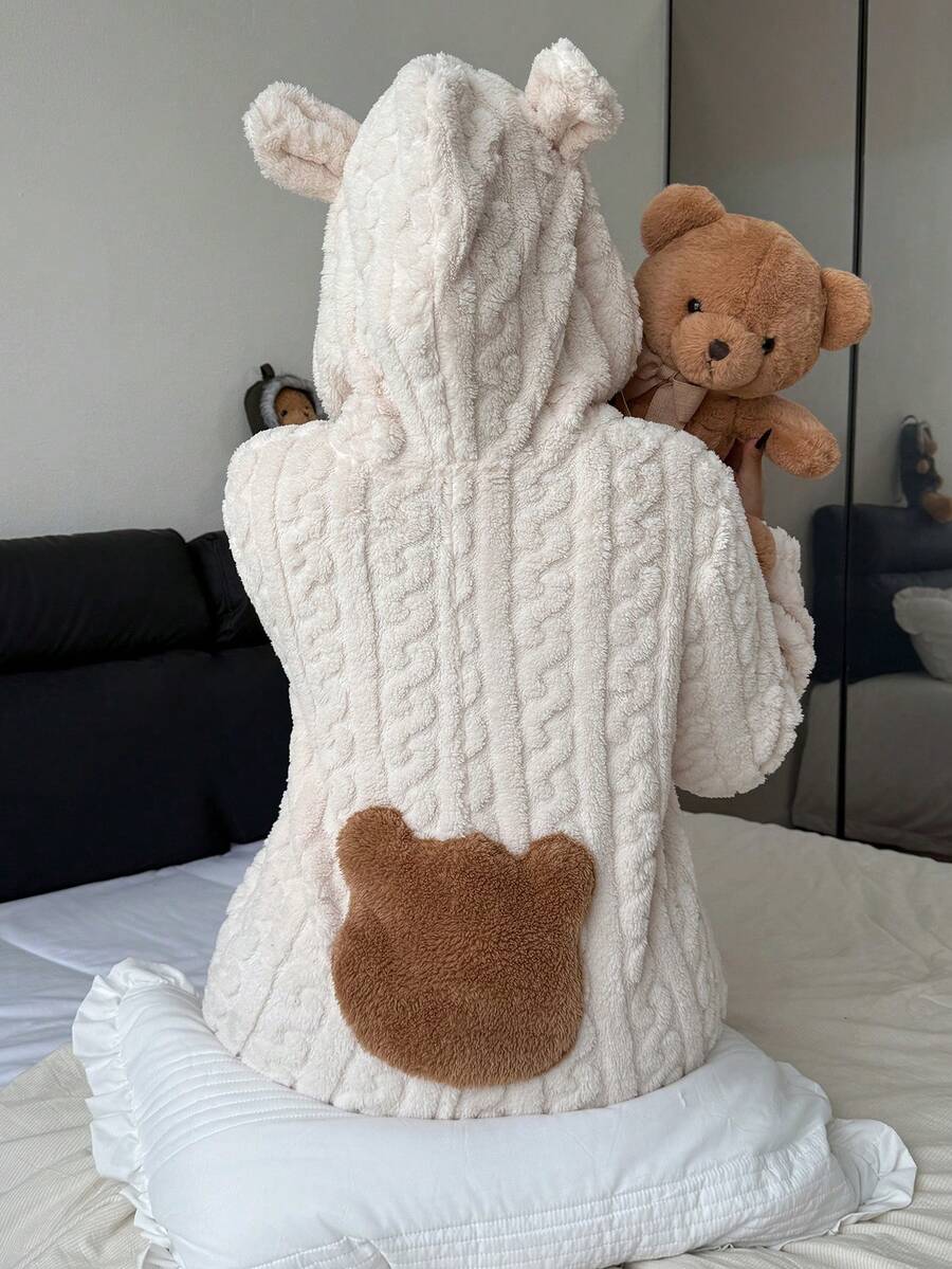 SHEIN 大码女式加厚提花绒连体裤，蓬松家居服，饰有刺绣泰迪熊头像，甜美可爱，适合外穿，秋冬季穿着 - 杏色 - 查看 1