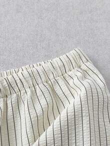 SHEIN PETITE CURVE Women's Striped Casual Pants, Bubble Pleated Fabric, Drawstring Waist, Relaxed Straight Leg, Casual & Romantic