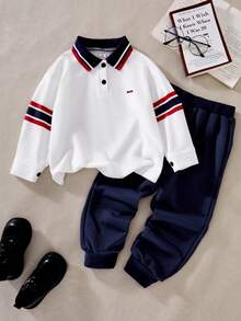 SHEIN Casuvi Kid Boys 2-Piece Set, Polo Collar Long Sleeve Outfit, Sports Casual, Striped & Solid Color Print, Regular Thickness Pants, Suitable For Everyday Casual, Vacation, Back To School Wear, Fall - Navy Blue - View 1