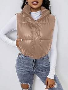 SHEIN EZwear 时尚百搭纯色无袖夹克，秋冬 - 卡其色 - 查看 3