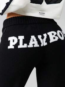 Missguided x Playboy Wide Leg Knitted Pants Casual Lounge Sweatpants Drawstring Waistband Fall Winter Comfort - Black - View 4
