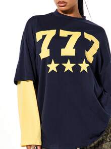 SUMWON WOMEN Kaos Oversized Berlapis dengan Lengan Panjang Kontras, Cetakan Angka Varsity, dan Bintang, Gaya Streetwear Kasual - Royal Blue - View 4