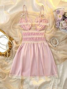 DelicateAllure Váy ngủ hai dây viền bèo nhún nơ thời trang gợi cảm cho nữ - Màu Hồng baby - Xem 11
