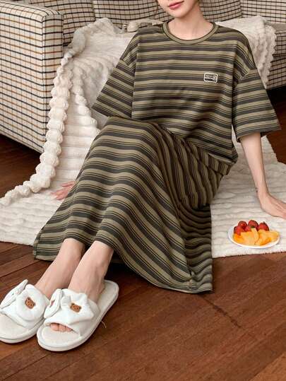 DAZY Striped Mini Letter Print Decorated Casual Dress, Moo Moo Lounge Dress Pajama