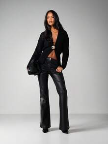 MISSGUIDED 深V领罗纹针织开衫，饰有金色纽扣，长袖，前开襟 - 黑色 - 查看 4
