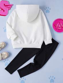 SHEIN | PAW Patrol 2pcs/Set Young Girl Cute Cartoon Puppy Print Hooded Long Sleeve Sweatshirt And Long Pants Knit Outfit - Black and White - View 2