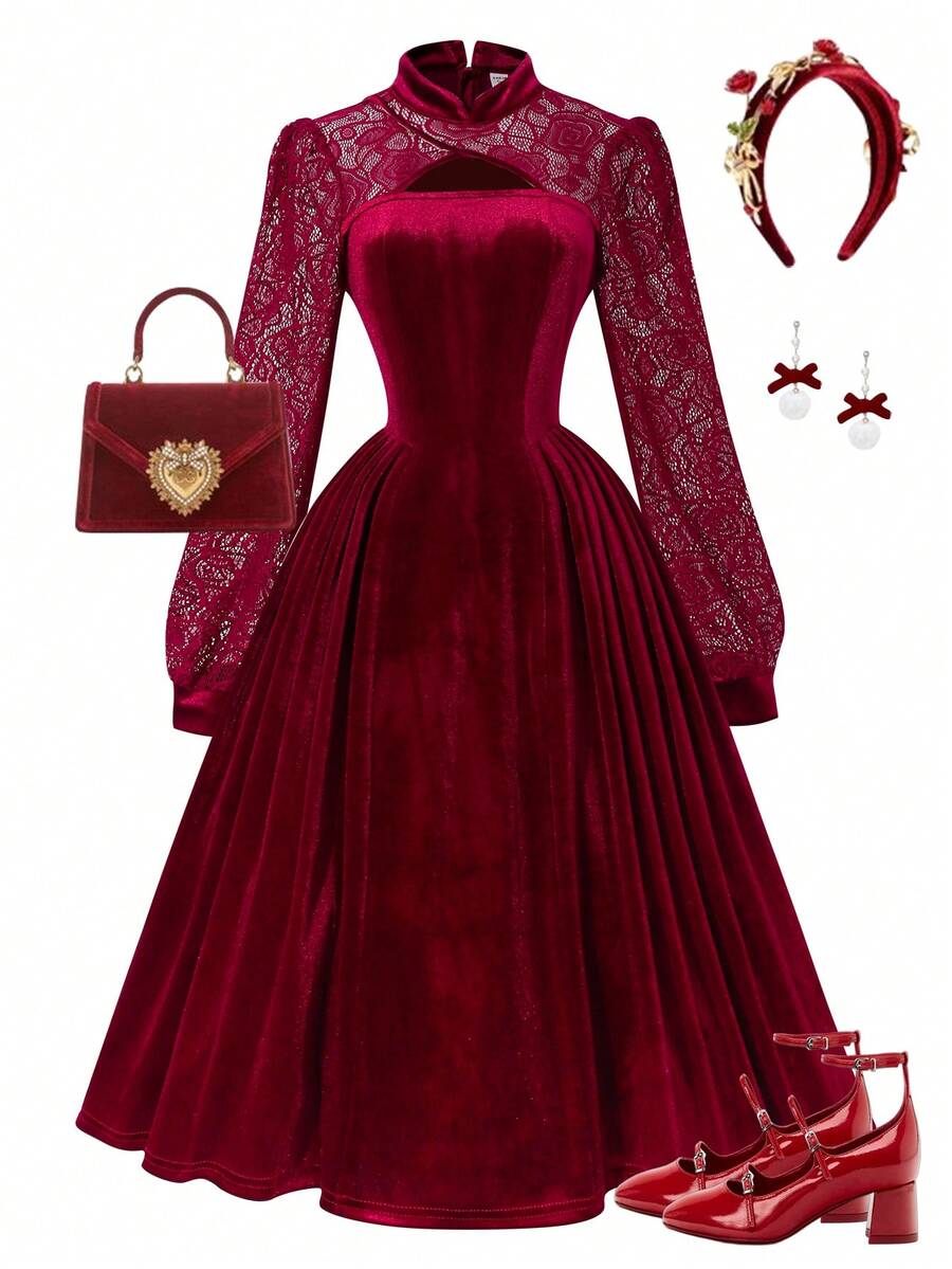 فستان أنيق وأنيق للبنات والمراهقات. تصميم بتقنية الكشكشة والتنجيد الحريري، طوق صيني عالي، أكمام طويلة، مناسب للحفلات والمناسبات والأعياد. مناسب للموسم الخريفي والشتوي - عنابي اللون - مشاهدة 1