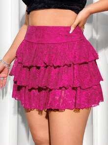 SHEIN ICON 大码优雅纯色蕾丝蛋糕裙，夏季 - 玫紅色 - 查看 5