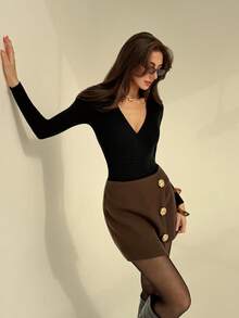 Aloruh Falda con decoración metálica y bajo asimétrico de moda para mujer, otoño - Caqui - Ver 7