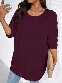 EMERY ROSE Camiseta casual de talla grande de unicolor con doble bolsillo, versátil para el otoño - Morado - Ver 4