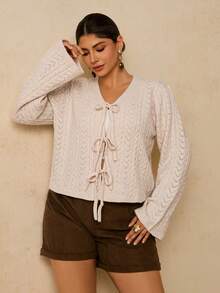 SHEIN VCAY Plus Size Women Solid Color Long Sleeve Front Tie Hollow Out Casual Knit Cardigan/Winter - Beige - View 5