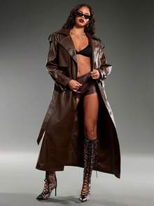 Normani Women's Solid Color Lapel NeckLong Sleeve PU Leather Long Loose Trench Coat - Coffee Brown - View 6