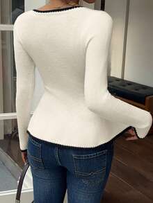 Sunnyshic 性感修身时尚女式撞色滚边长袖收腰针织上衣 - 彩色 - 查看 2