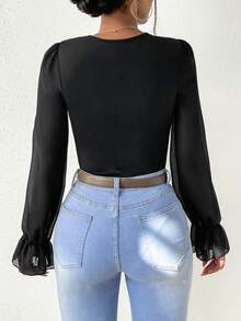 VaVaBold Women's Solid Color Ruffled Collar & Cuff Elegant Fashionable Bodysuit - Black - View 2