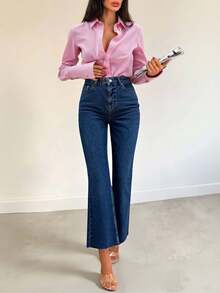 EURMUSE Stretch Cropped High Waist Bootcut Denim Jean Women Jeans High Waist Wide Leg Jeans Jeans Cute Jeans - Dark Wash - View 2