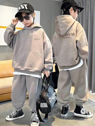 SHEIN Ensemble sweat-shirt à capuche ample avec grande lettre brodée et pantalon à taille élastique pour garçon préadolescent, convient pour l'automne/le printemps, les jeux extérieurs, l'école, le style de rue, les fêtes et les tenues décontractées