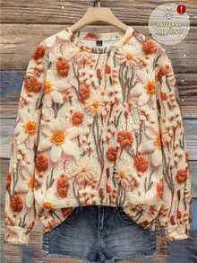 SHEIN LUNE Casual Minimalist Printed Pattern Crew Neck Loose Fit Women Sweatshirt, Vintage Style, 3D Embroidered Print, Suitable For Early Autumn,Fall