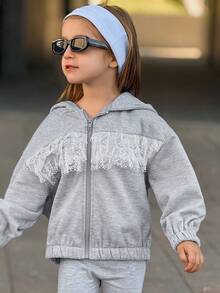 DAZY Stickad huvtröja för ung flicka med kontrasterande spets, termiskt foder, höstkläder - Grå - Visa 1