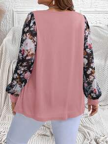 EMERY ROSE Plus Size Floral Print Patchwork T-Shirt, Casual Autumn/Winter