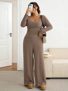 SHEIN Frenchy Plus Size Women Square Neck Striped Long Sleeve T-Shirt And Wide Leg Pants Casual 2 Pieces Set Spring - Multicolor - View 1