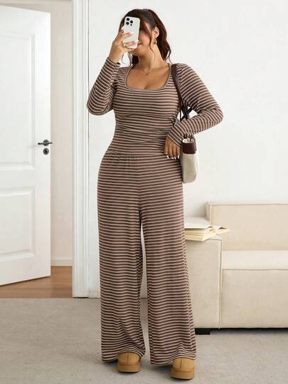 SHEIN Frenchy Plus Size Women Square Neck Striped Long Sleeve T-Shirt And Wide Leg Pants Casual 2 Pieces Set Spring