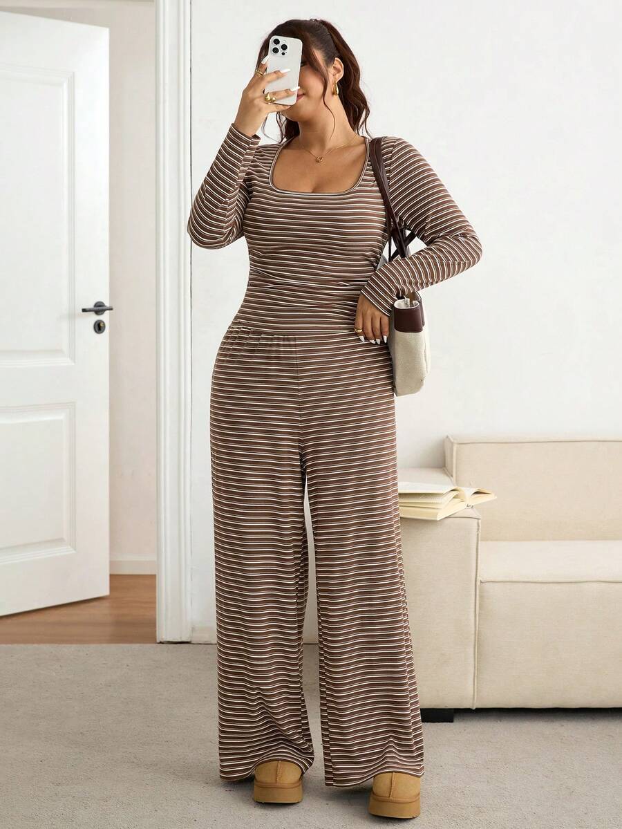 SHEIN Frenchy Plus Size Women Square Neck Striped Long Sleeve T-Shirt And Wide Leg Pants Casual 2 Pieces Set Spring - Multicolor - View 1