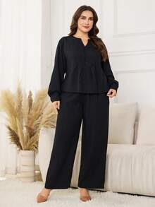 Modelyn 2pcs/Set Plus Size Solid Color Casual Long Sleeve Top And Loose Pants - Black - View 3