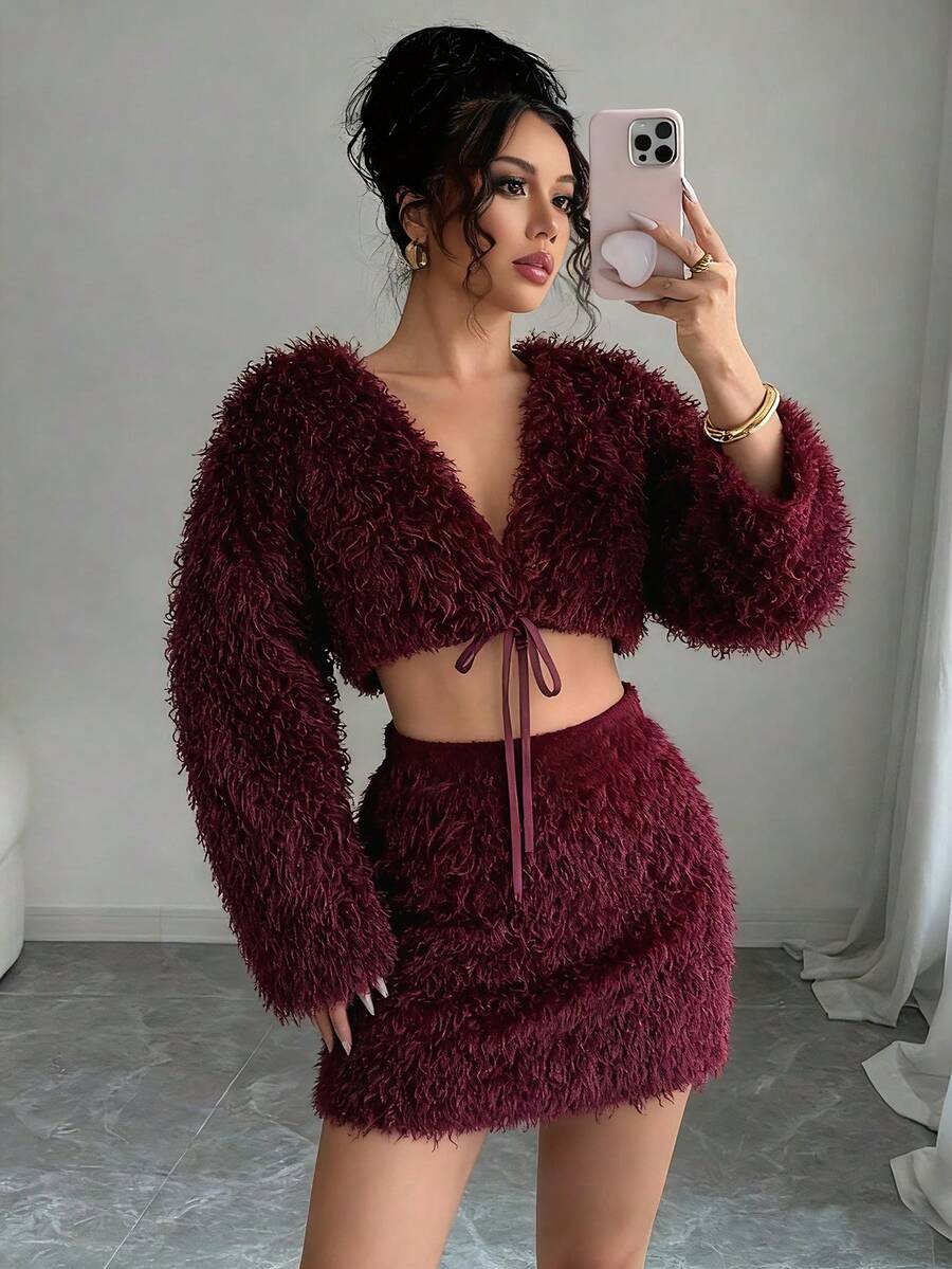 Rafferiza Women's Solid Color Plush Jacket & Mini Skirt 2 Pieces Set, Fashion Party Outfit - Red Violet - View 1