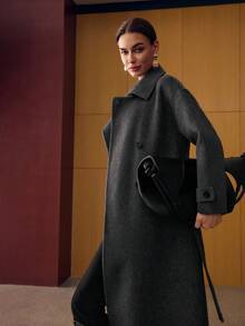 MOTF PREMIUM 羊毛双排扣束带大衣 - 深灰色 - 查看 6