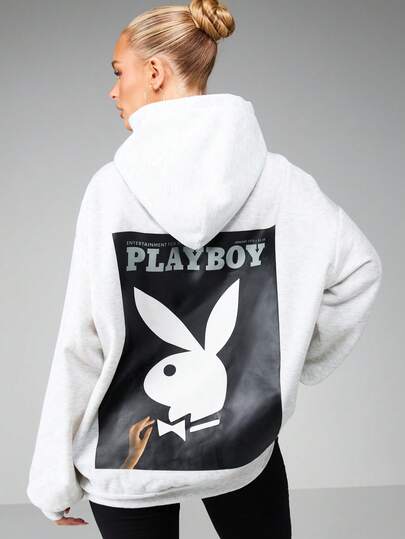 Missguided x Playboy Oversized Hoodie With Magazine Print And Centre Pocket For Casual Street Style