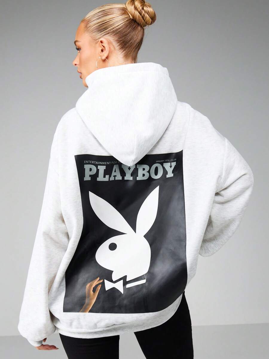 Missguided x Playboy Moletom oversized com estampa de revista e bolso central para um estilo urbano casual. - Cinza claro - Ver 1